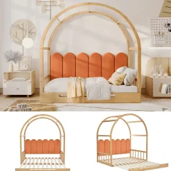 ProximaX Lit cabane enfant extensible 140x100-200 cm avec lit gigogne, cadre en pin, coussins en velours, coloris bois naturel et orange Hot
