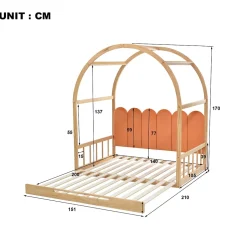 ProximaX Lit cabane enfant extensible 140x100-200 cm avec lit gigogne, cadre en pin, coussins en velours, coloris bois naturel et orange Hot