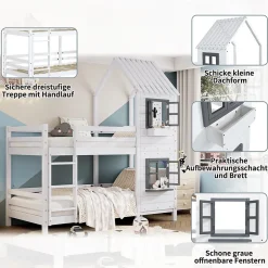 Okwish Lit Cabane enfant 90x200 cm - Lit Superposé avec Fenêtres et Garde-Corps Sécurisé, Maison en Pin Massif, Sans Matelas - Blanc Online