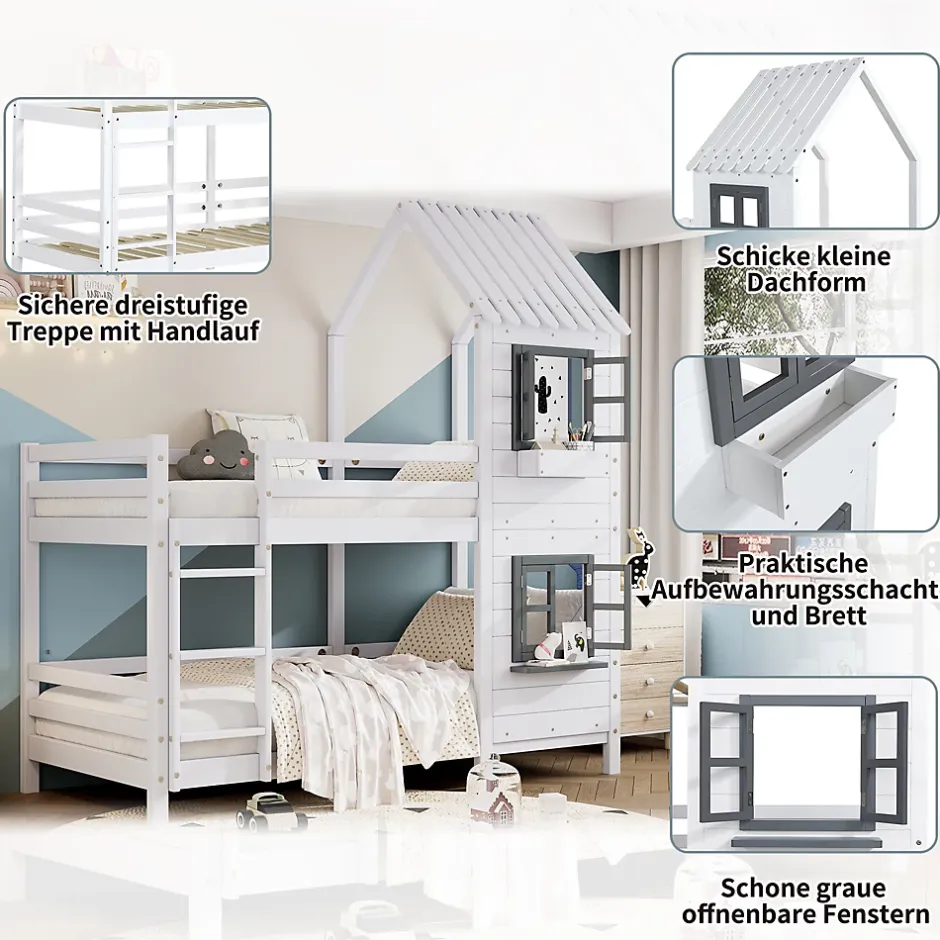 Okwish Lit Cabane enfant 90x200 cm - Lit Superposé avec Fenêtres et Garde-Corps Sécurisé, Maison en Pin Massif, Sans Matelas - Blanc Online