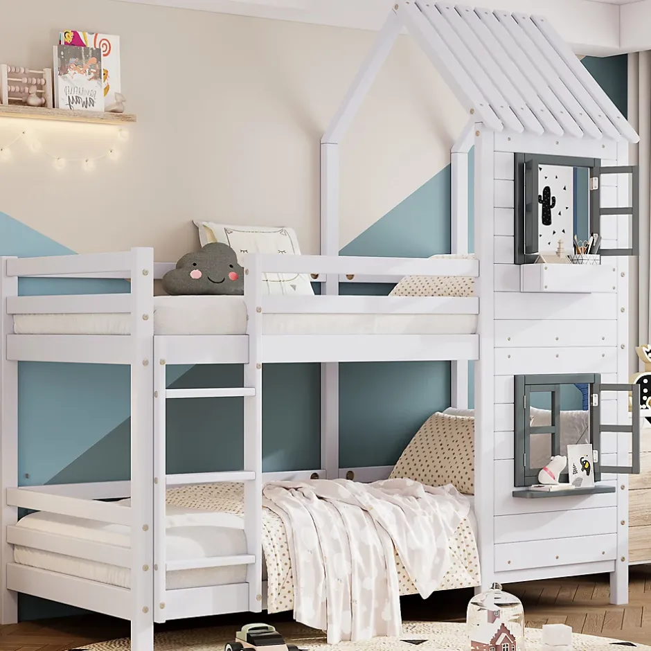 Okwish Lit Cabane enfant 90x200 cm - Lit Superposé avec Fenêtres et Garde-Corps Sécurisé, Maison en Pin Massif, Sans Matelas - Blanc Online