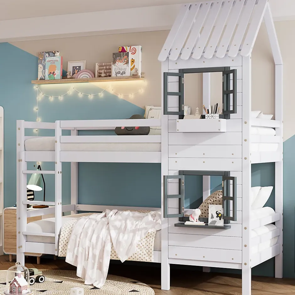 Okwish Lit Cabane enfant 90x200 cm - Lit Superposé avec Fenêtres et Garde-Corps Sécurisé, Maison en Pin Massif, Sans Matelas - Blanc Online