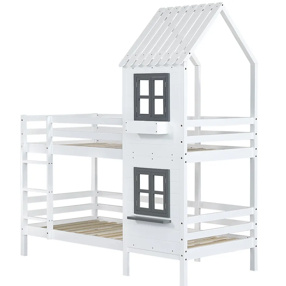 Okwish Lit Cabane enfant 90x200 cm - Lit Superposé avec Fenêtres et Garde-Corps Sécurisé, Maison en Pin Massif, Sans Matelas - Blanc Online