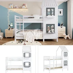 Okwish Lit Cabane enfant 90x200 cm - Lit Superposé avec Fenêtres et Garde-Corps Sécurisé, Maison en Pin Massif, Sans Matelas - Blanc Online