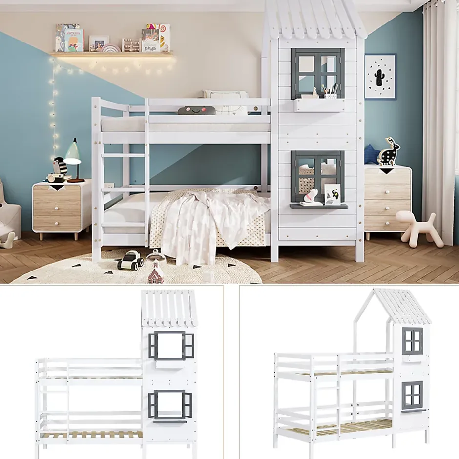 Okwish Lit Cabane enfant 90x200 cm - Lit Superposé avec Fenêtres et Garde-Corps Sécurisé, Maison en Pin Massif, Sans Matelas - Blanc Online