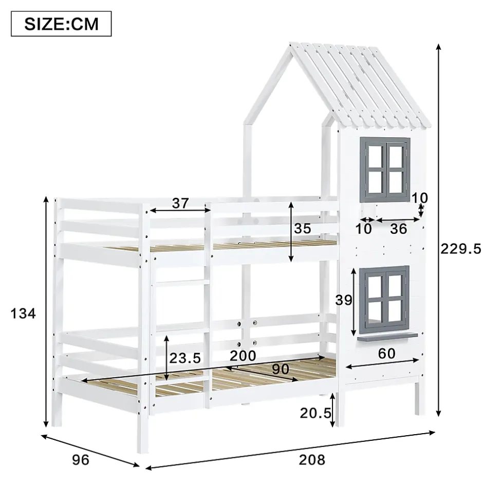 Okwish Lit Cabane enfant 90x200 cm - Lit Superposé avec Fenêtres et Garde-Corps Sécurisé, Maison en Pin Massif, Sans Matelas - Blanc Online