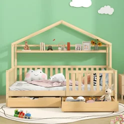 ModernLuxe Lit cabane enfant 90x200cm - avec 2 tiroirs - bois massif avec sommier à lattes - naturel (sans matelas) Hot