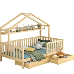 ModernLuxe Lit cabane enfant 90x200cm - avec 2 tiroirs - bois massif avec sommier à lattes - naturel (sans matelas) Hot