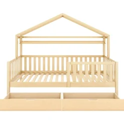 ModernLuxe Lit cabane enfant 90x200cm - avec 2 tiroirs - bois massif avec sommier à lattes - naturel (sans matelas) Hot