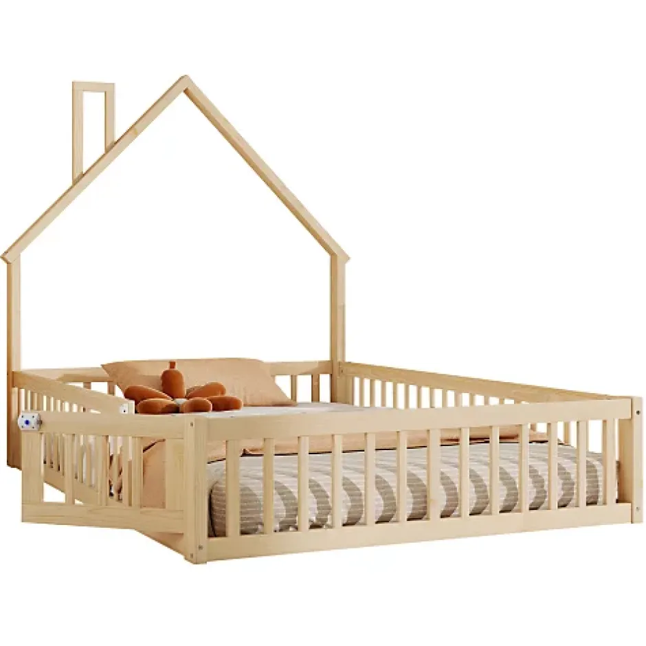 ModernLuxe Lit cabane enfant 140x190cm - sommier à lattes - 1 porte - naturel (matelas non inclus) Sale