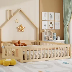ModernLuxe Lit cabane enfant 140x190cm - sommier à lattes - 1 porte - naturel (matelas non inclus) Sale