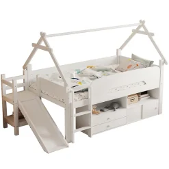 ModernLuxe Lit cabane enfant 90x200cm - toboggan - 2 tiroirs - barrières de sécurité - blanc (matelas non inclus) Discount