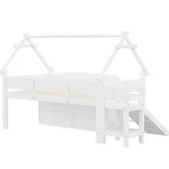 ModernLuxe Lit cabane enfant 90x200cm - toboggan - 2 tiroirs - barrières de sécurité - blanc (matelas non inclus) Discount