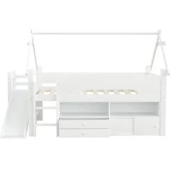 ModernLuxe Lit cabane enfant 90x200cm - toboggan - 2 tiroirs - barrières de sécurité - blanc (matelas non inclus) Discount