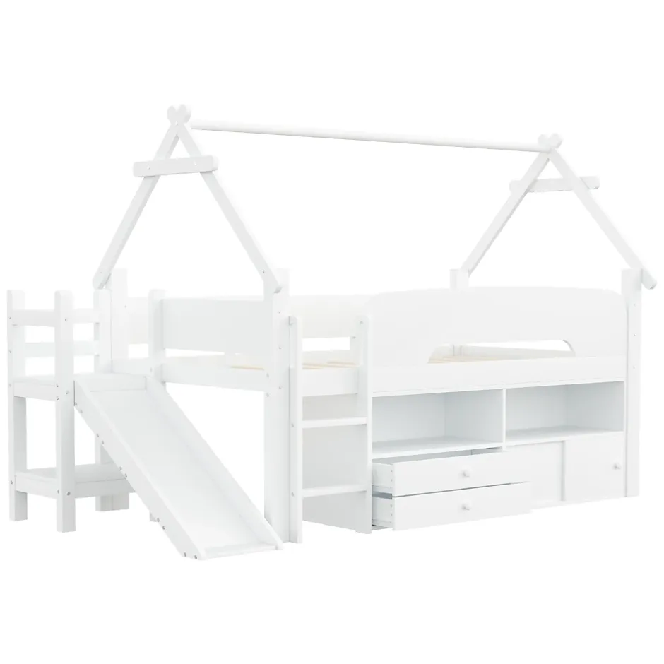 ModernLuxe Lit cabane enfant 90x200cm - toboggan - 2 tiroirs - barrières de sécurité - blanc (matelas non inclus) Discount