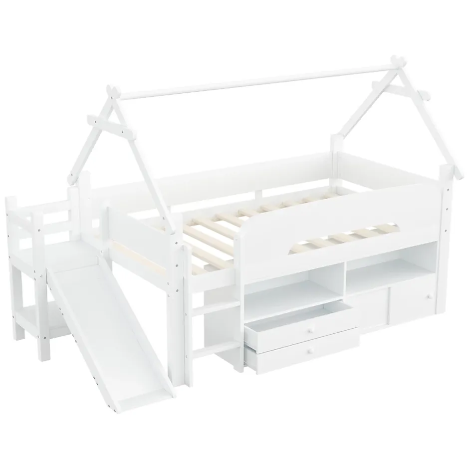 ModernLuxe Lit cabane enfant 90x200cm - toboggan - 2 tiroirs - barrières de sécurité - blanc (matelas non inclus) Discount