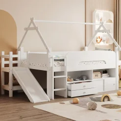 ModernLuxe Lit cabane enfant 90x200cm - toboggan - 2 tiroirs - barrières de sécurité - blanc (matelas non inclus) Discount