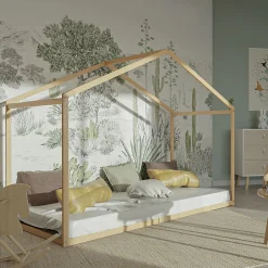 Enfant Bb Loisir Lit cabane enfant 90x190cm bois massif WATE Naturel inclus sommier