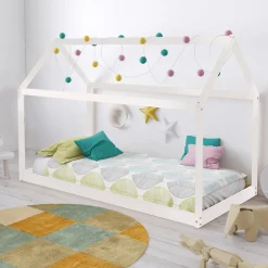 Enfant Bb Loisir Lit cabane enfant 90x200cm bois massif PANDOU Blanc inclus sommier