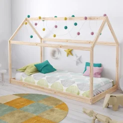 Enfant Bb Loisir Lit cabane enfant 90x200cm bois massif PANDOU Naturel inclus sommier