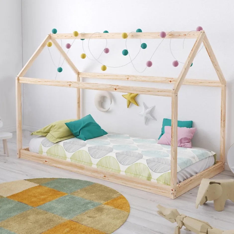 Enfant Bb Loisir Lit cabane enfant 90x200cm bois massif PANDOU Naturel inclus sommier