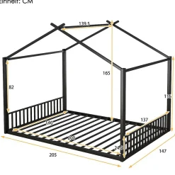Blackcolors Lit Cabane Enfant 140x200cm Cadre Fer Barre Maison Noir Discount