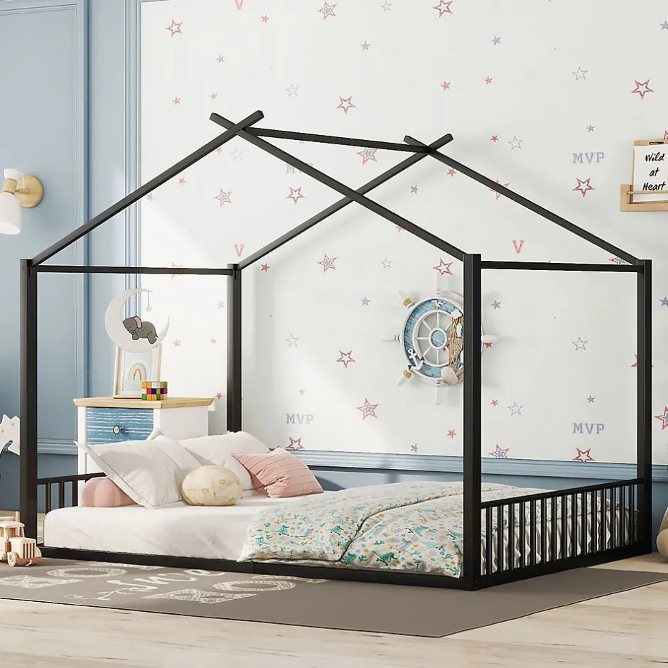 Blackcolors Lit Cabane Enfant 140x200cm Cadre Fer Barre Maison Noir Discount