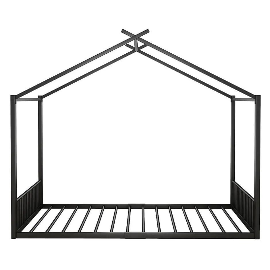 Blackcolors Lit Cabane Enfant 140x200cm Cadre Fer Barre Maison Noir Discount