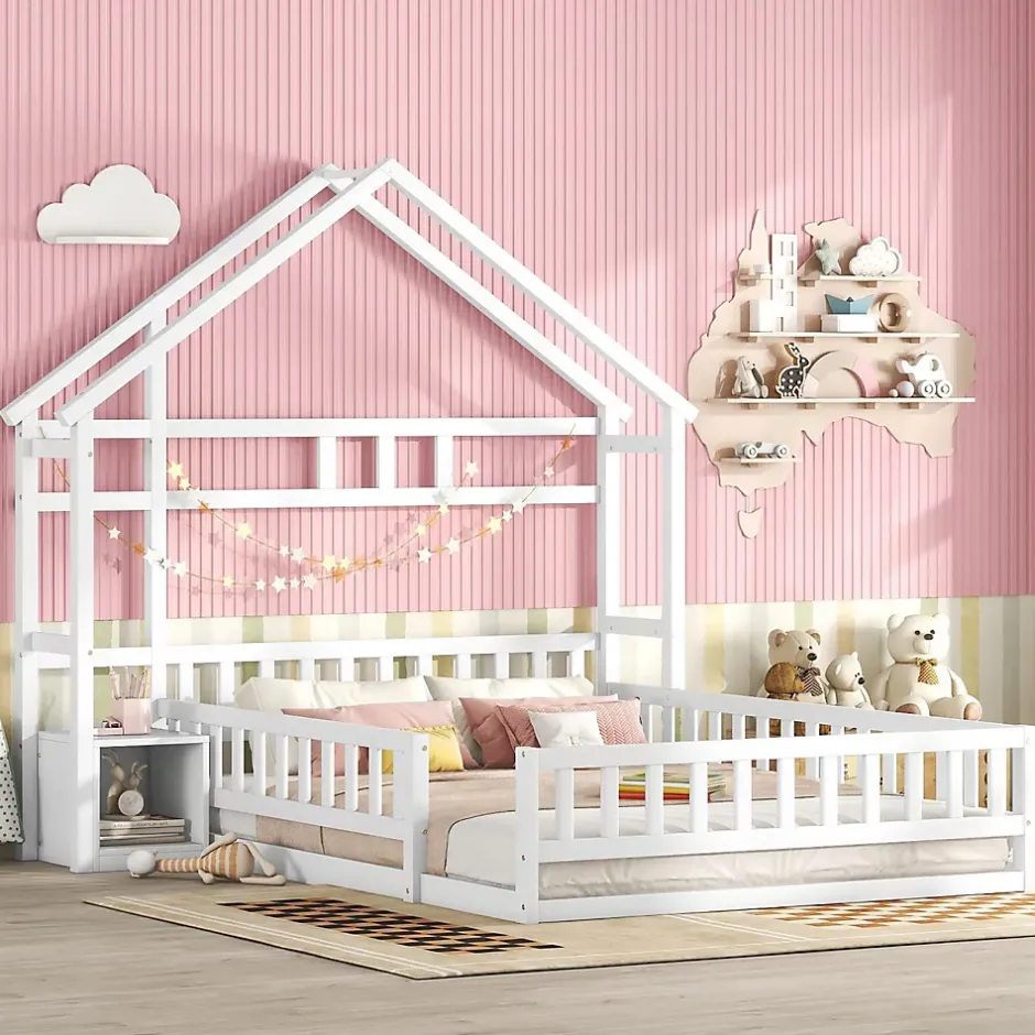 ProximaX Lit cabane enfants 140 x 200 cm avec rangements et garde-corps avec tables de chevet, blanc Sale