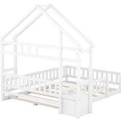 ProximaX Lit cabane enfants 140 x 200 cm avec rangements et garde-corps avec tables de chevet, blanc Sale