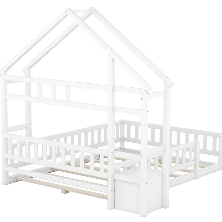 ProximaX Lit cabane enfants 140 x 200 cm avec rangements et garde-corps avec tables de chevet, blanc Sale