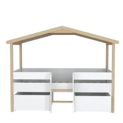 Enfant Bb Loisir Lit cabane hauteur 90x200cm bois massif POLI naturel blanc inclus sommier et 2 tiroirs