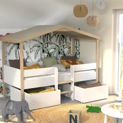 Enfant Bb Loisir Lit cabane hauteur 90x200cm bois massif POLI naturel blanc inclus sommier et 2 tiroirs