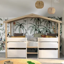 Enfant Bb Loisir Lit cabane hauteur 90x200cm bois massif POLI naturel blanc inclus sommier et 2 tiroirs