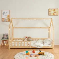 Enfant [En.Casa] Lit cabane Hesel avec matelas à mousse froid 90 x 200 cm naturel en.casa