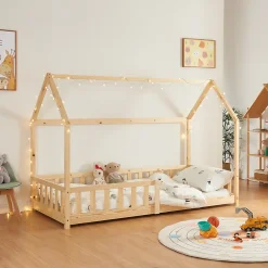 [En.Casa] Lit cabane Hesel pour enfants bois de pin 90 x 200 cm naturel en.casa Discount