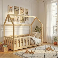 Enfant Weber Industries Lit cabane Kiwi 70x140 avec sommier et matelas /Naturel