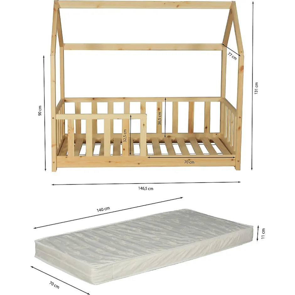 Enfant Weber Industries Lit cabane Kiwi 70x140 avec sommier et matelas /Naturel