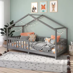 Enfant Idimex Lit cabane LISAN 90 x 190 cm, en pin massif lasuré gris