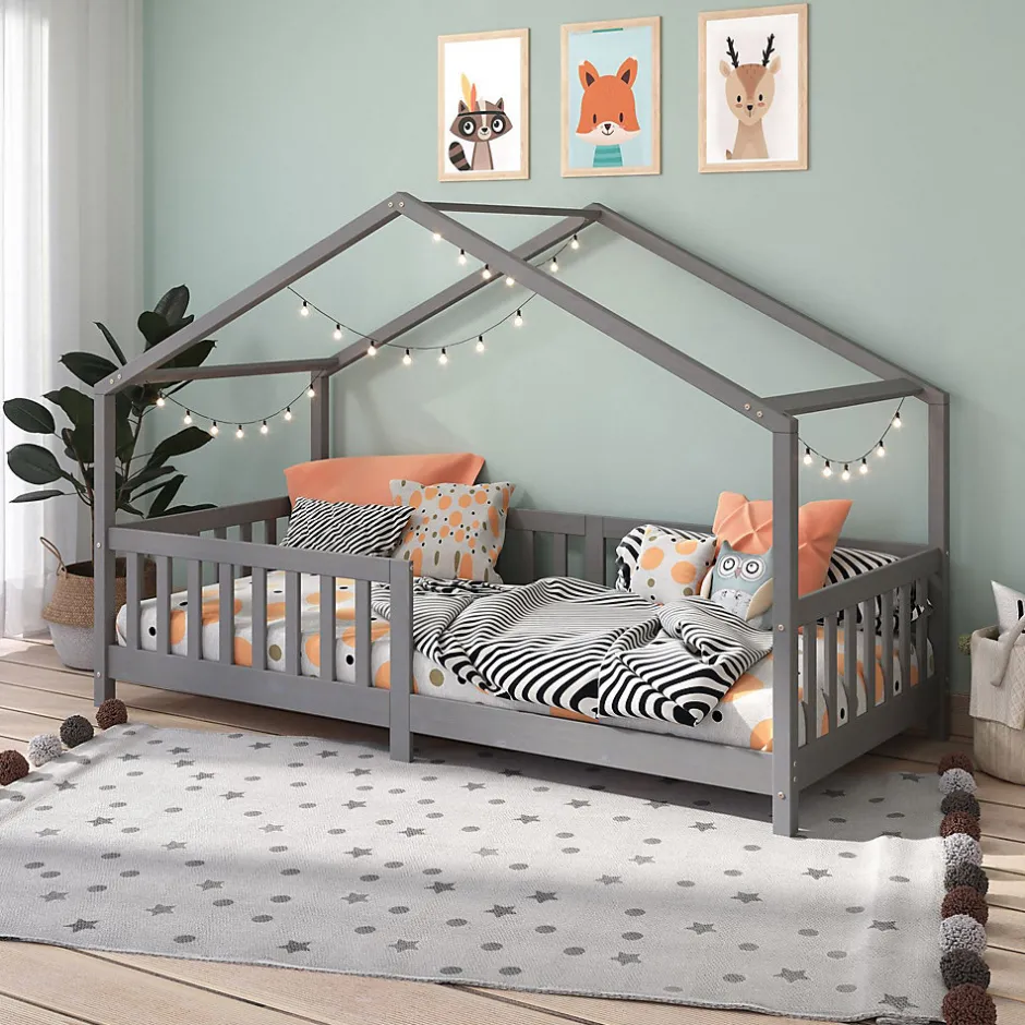 Enfant Idimex Lit cabane LISAN 90 x 190 cm, en pin massif lasuré gris