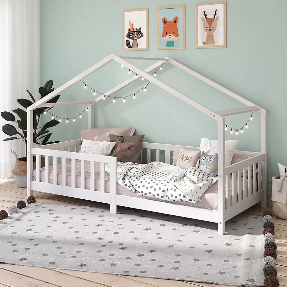 Enfant Idimex Lit cabane LISAN 90 x 190 cm, en pin massif lasuré blanc