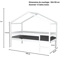 Weber Industries Lit cabane MIKA 90x190 + sommier + matelas IRIS / Blanc Discount