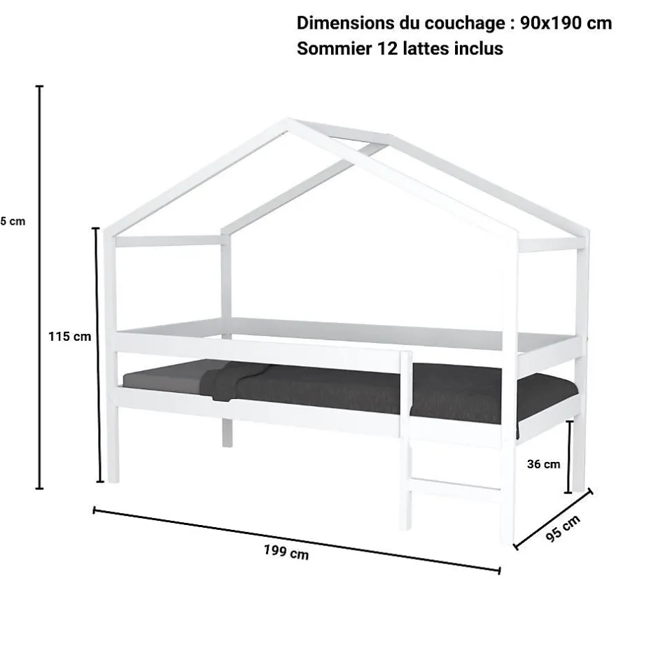 Weber Industries Lit cabane MIKA 90x190 + sommier + matelas IRIS / Blanc Discount
