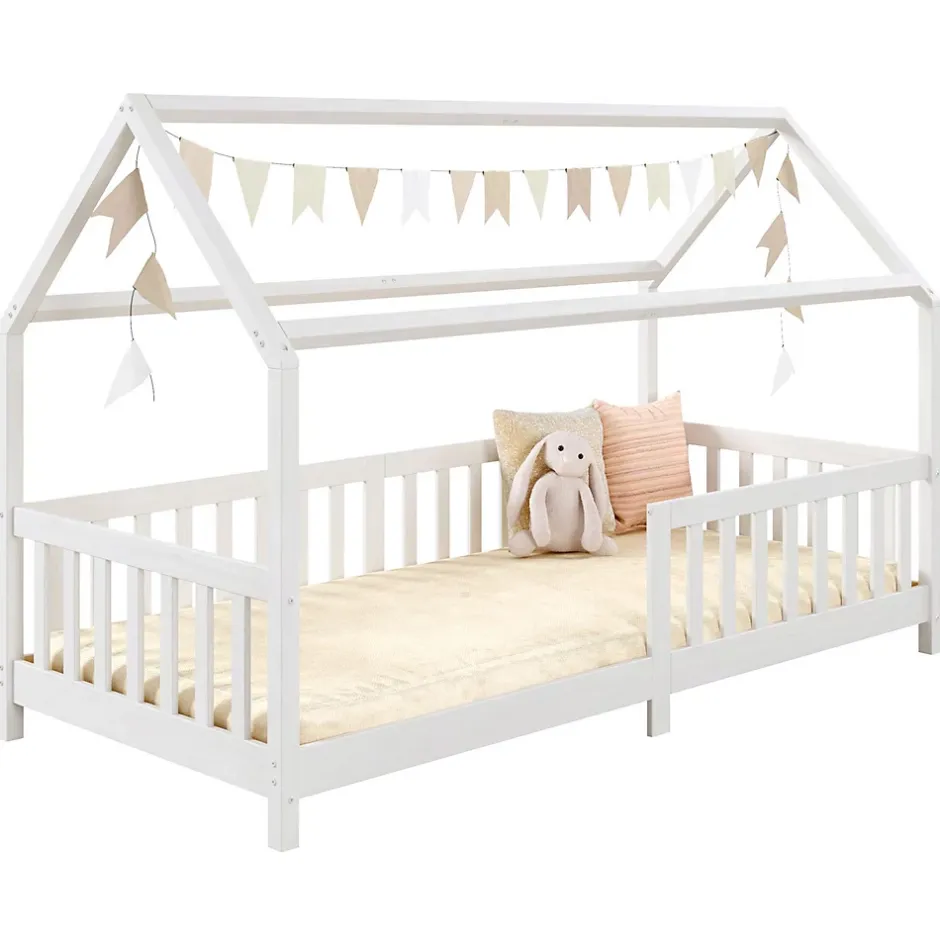 Idimex Lit cabane NINA 90 x 190 cm, en pin massif lasuré blanc Outlet