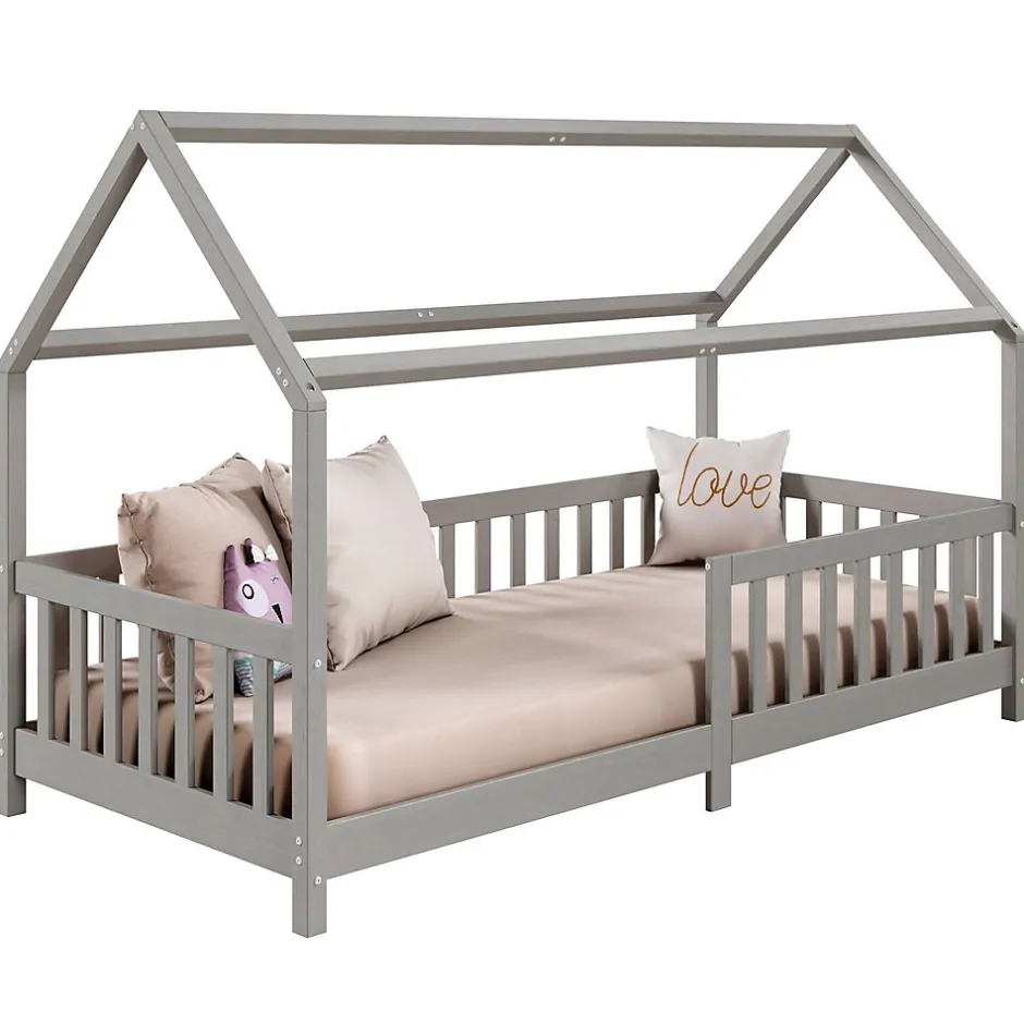 Enfant Idimex Lit cabane NINA 90 x 190 cm, en pin massif lasuré gris