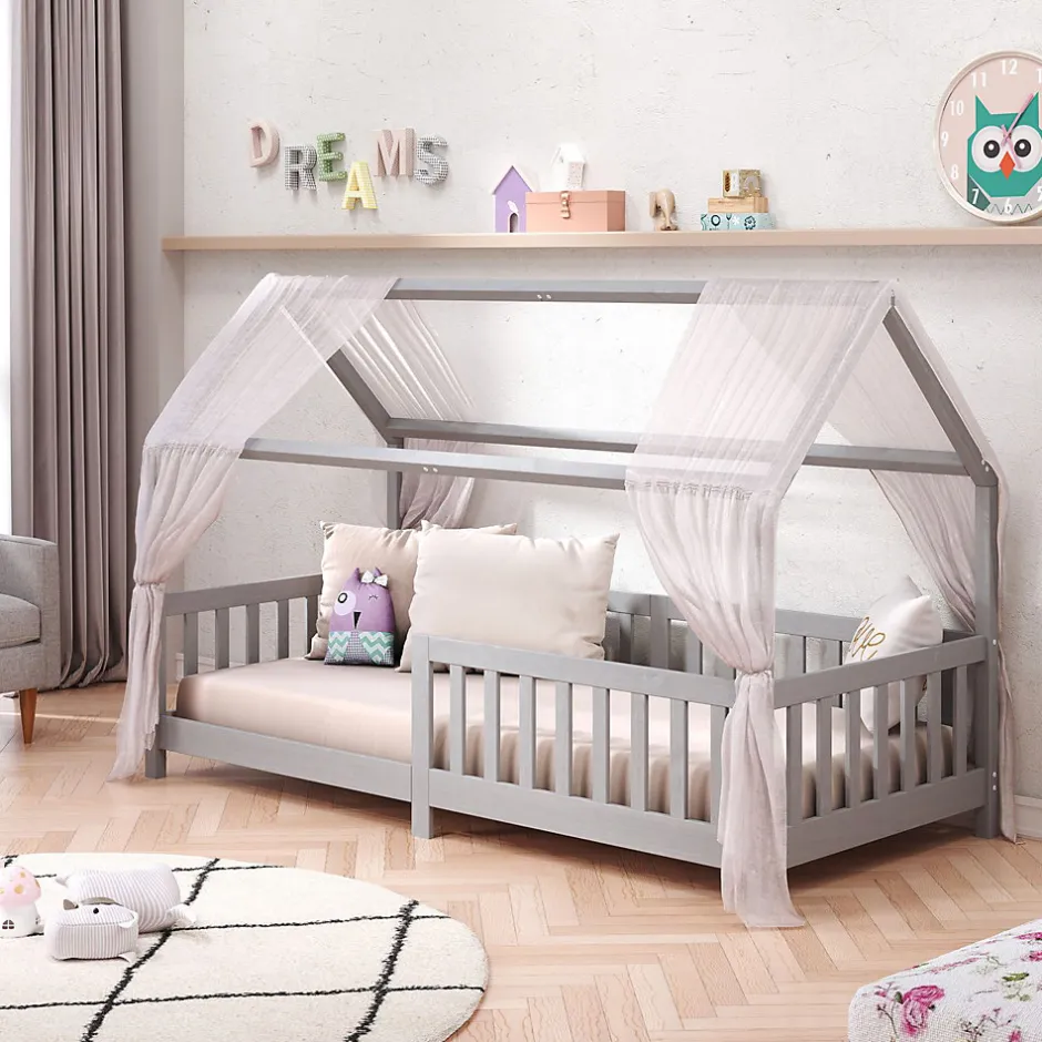 Enfant Idimex Lit cabane NINA 90 x 190 cm, en pin massif lasuré gris