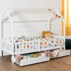 Happy Garden Lit cabane pour enfant 190x90cm blanc avec tiroirs MARCEAU - Discount
