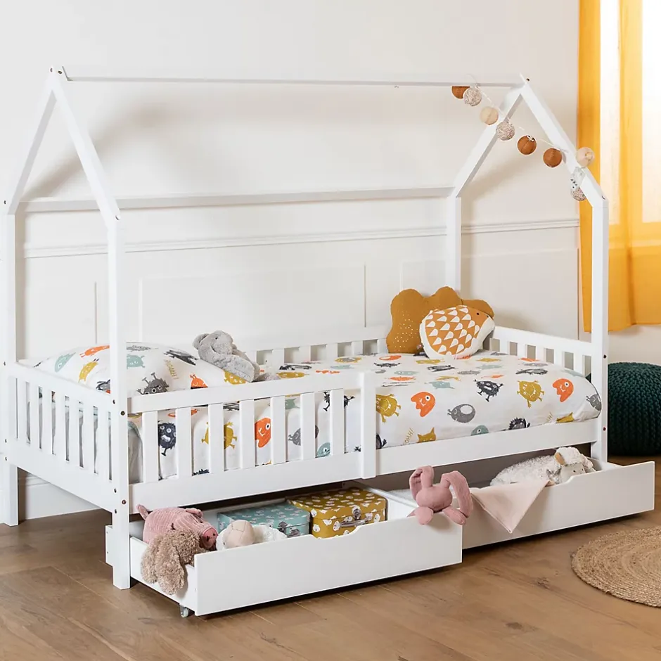 Happy Garden Lit cabane pour enfant 190x90cm blanc avec tiroirs MARCEAU - Discount