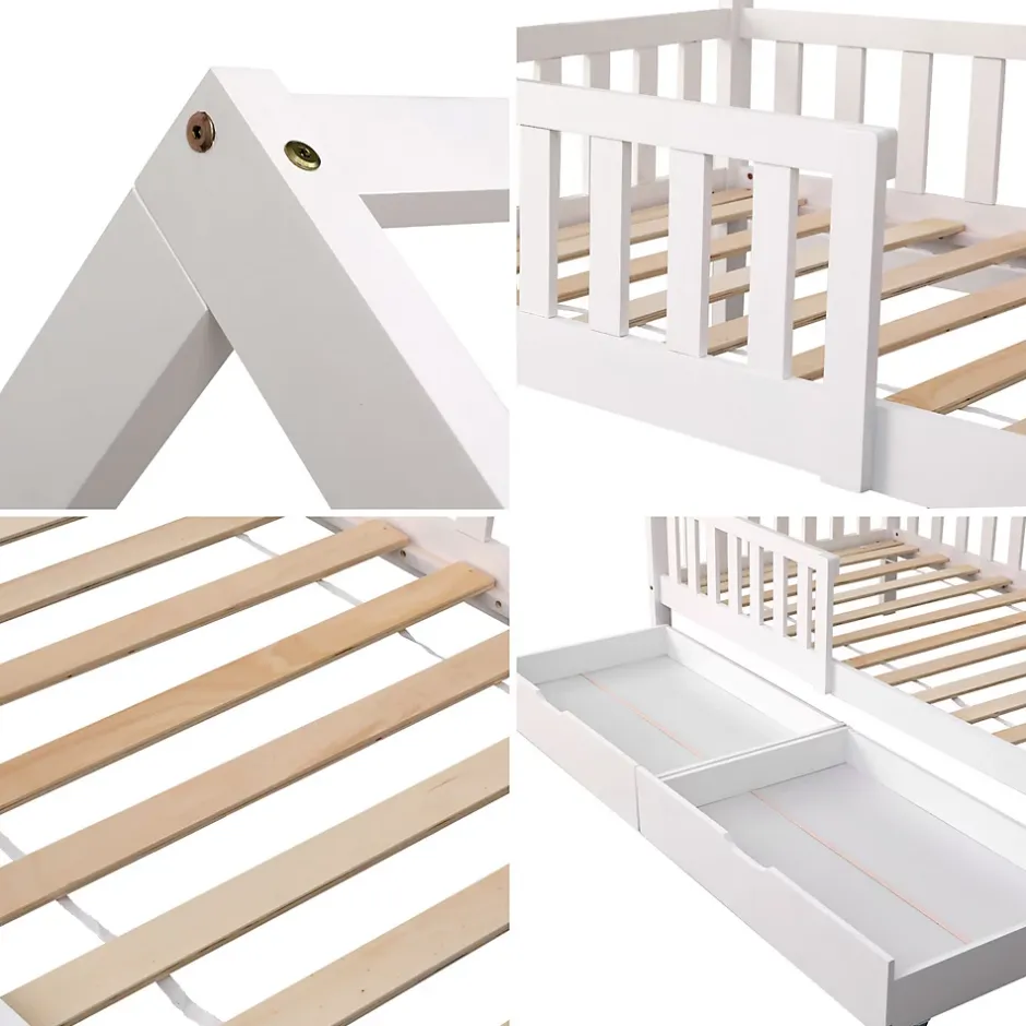 Happy Garden Lit cabane pour enfant 190x90cm blanc avec tiroirs MARCEAU - Discount