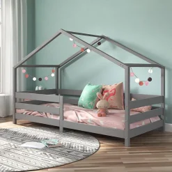 Idimex Lit cabane RENA 90 x 200 cm, en pin massif lasuré gris Hot